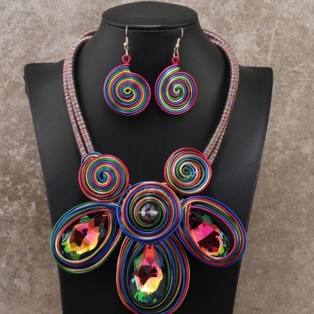 Beautiful  aluminum Wire Crystal Necklace/ Earrings  SetColorful Artisan Jewelry